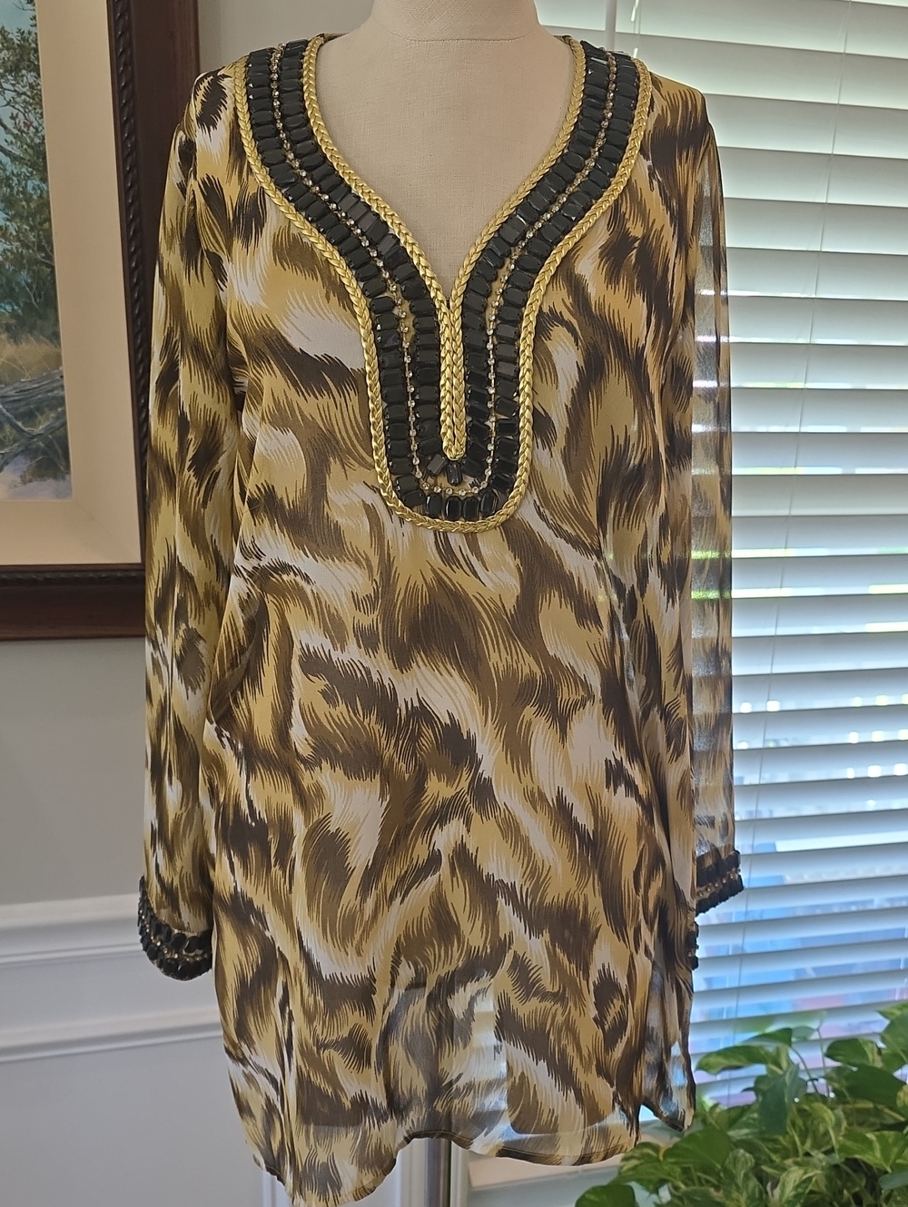 Adrienne Vittadini Brown, Black & Gold Animal Print Beaded V-Neck Tunic